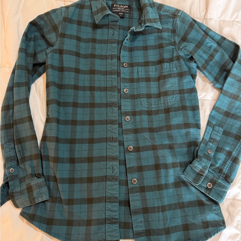Filson Teal and Black Plaid Button-Up Shirt